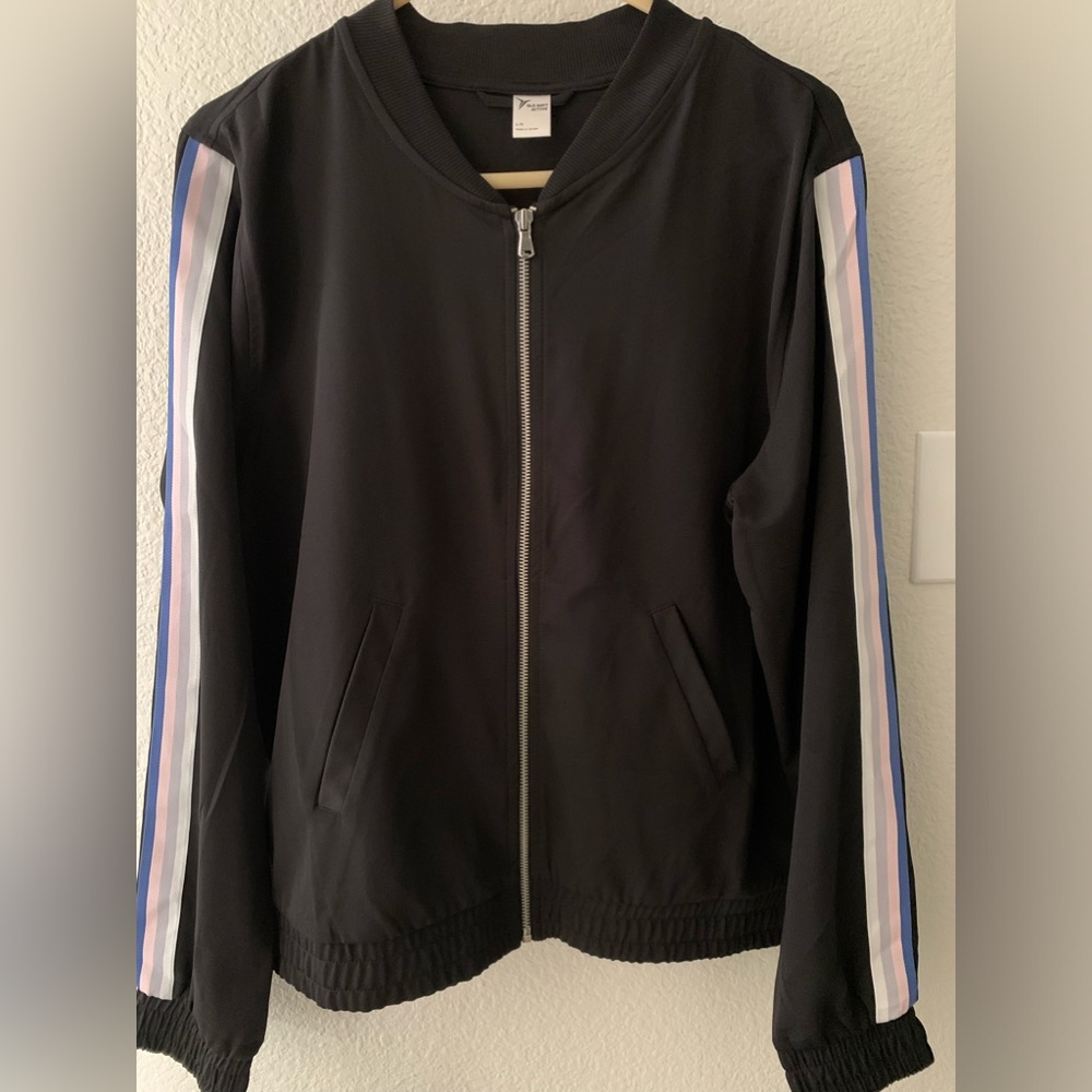Old Navy Active Black Track Jacket Zip Up Stripe Sleeves Black Size-Large
